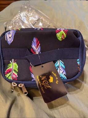 Nejil Navy Cosmetic Pouch with Colorful Feather Print